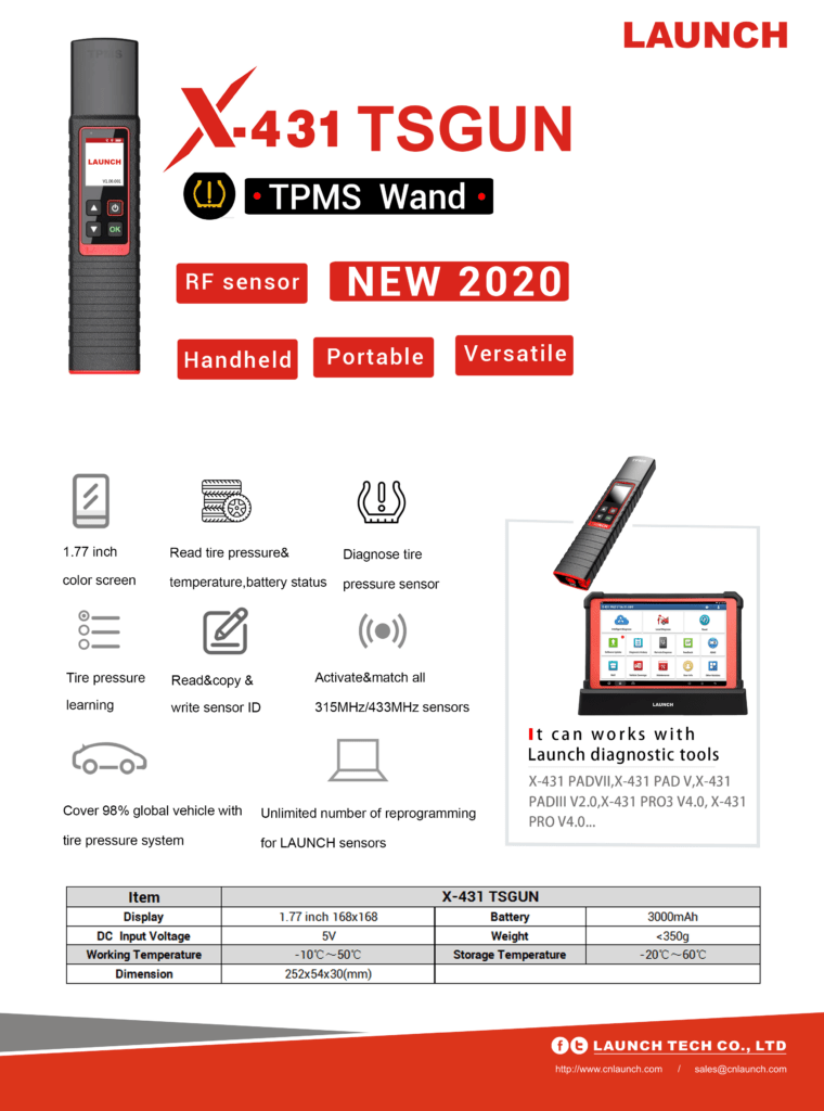 مواصفات أداة فحص وبرمجة حساسات الإطارات Launch X-431 TsGun